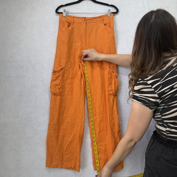 HG Pants Womens Medium Orange Linen Blend Cargo Wide Leg High Rise Elastic Waist - Picture 8 of 10